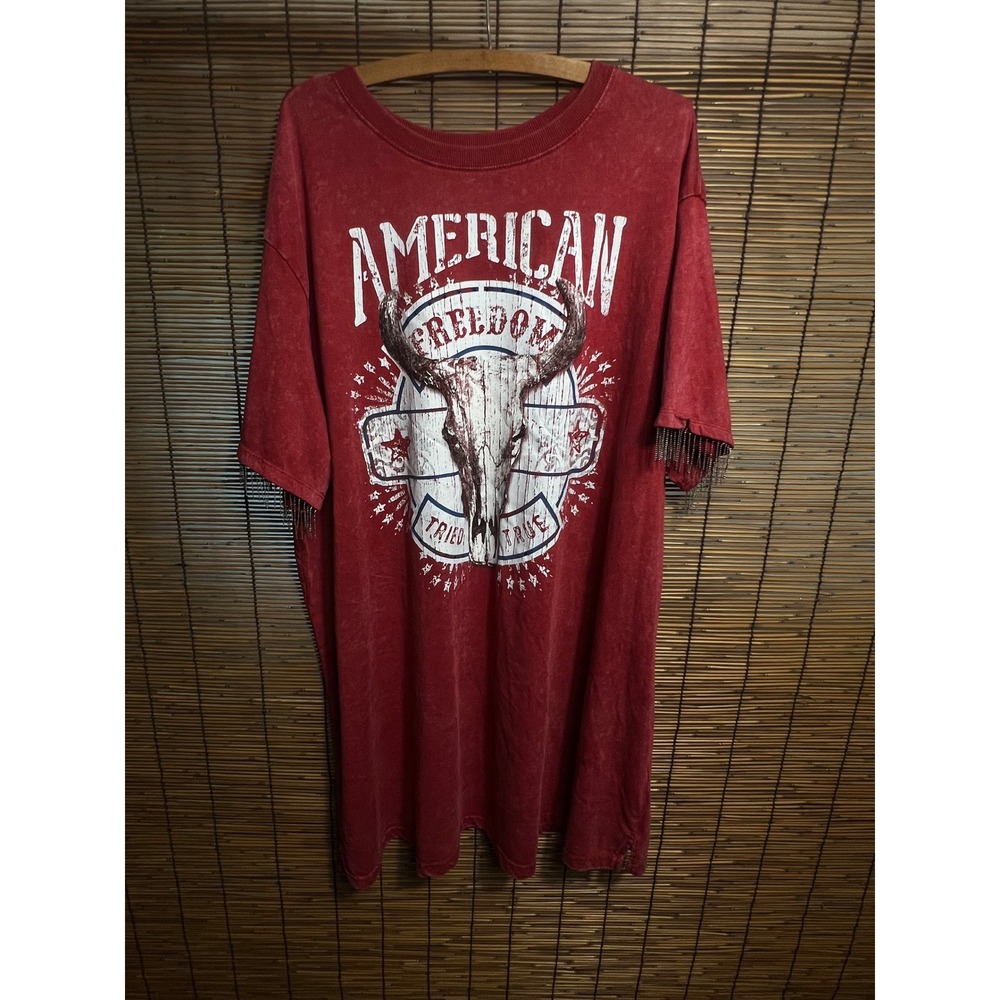 Mimi Chica Red Acid Wash Bull Skull Graphic T-Shirt Dress Fringe 3X American
